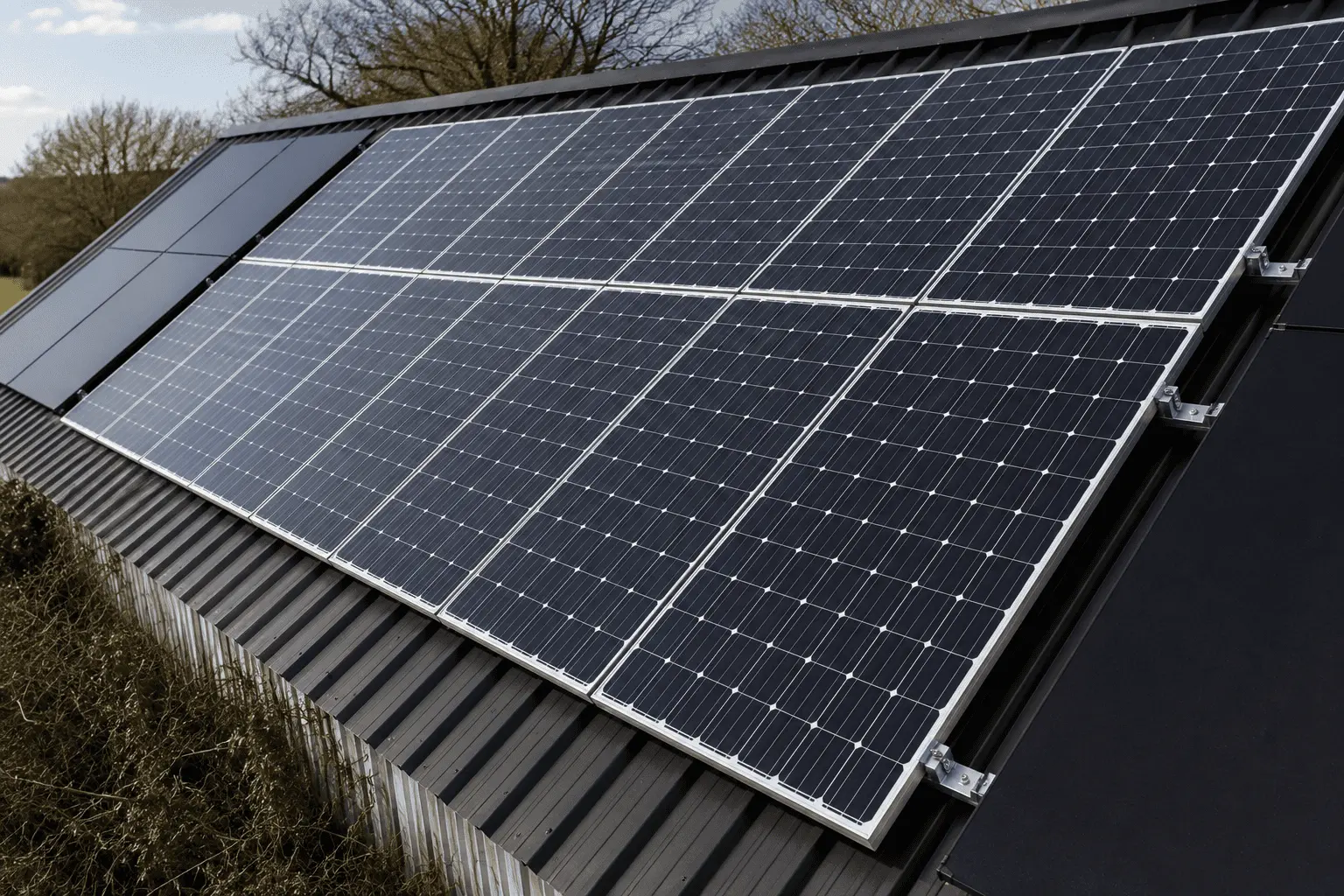 Roof-mounted solar panel installation on a commercial building in Caernarfon, Gwynedd
